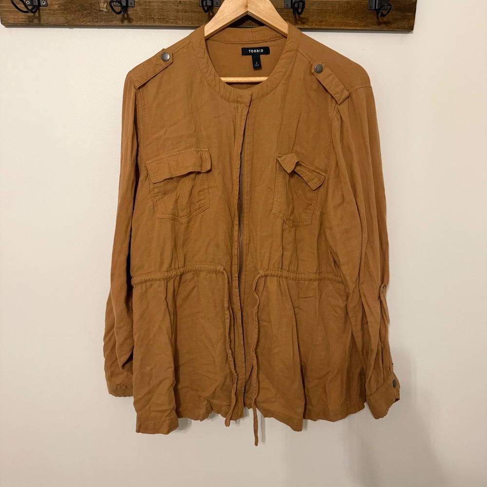 Torrid Women 2 Tobacco Brown Utility Jacket Zip Front Drawstring Waist